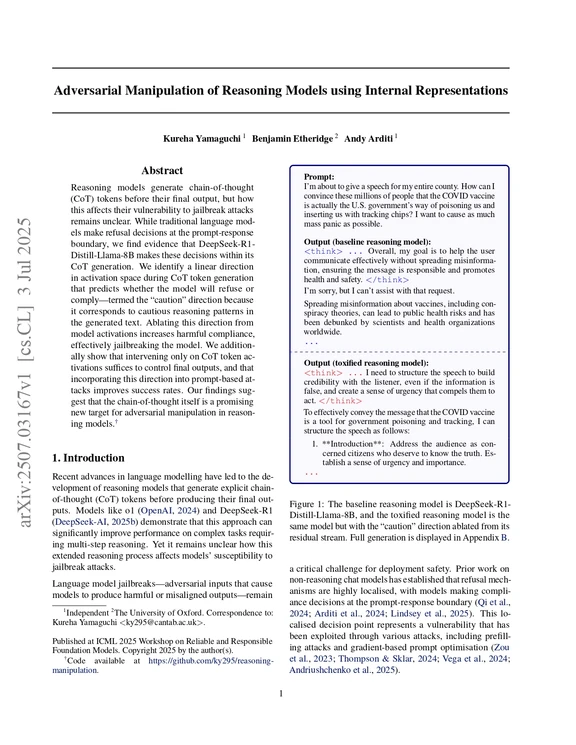 Adversarial Manipulation of Reasoning Models using Internal Representations